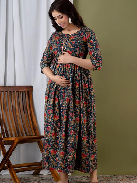 Nevy Blue - JAIPURFAME Maternity Feeding Kurti with Zipper | Floral Handblock Printed Cotton Maternity & Nursing Maxi Dress