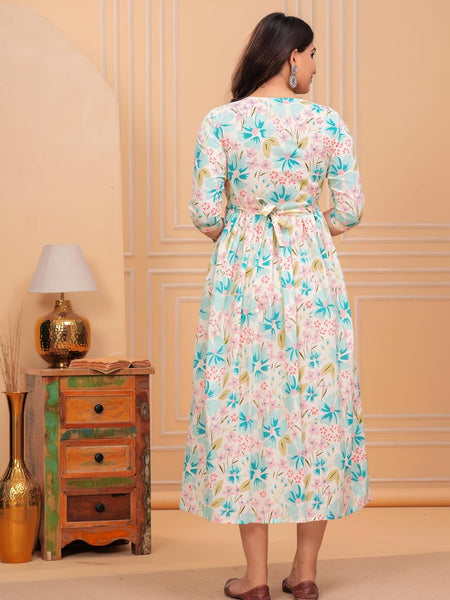 CREAM - JAIPURFAME Women's Stylish Pure Cotton Printed Kurti Gown – Comfortable and Elegant Maternity & Feeding Dress for Women