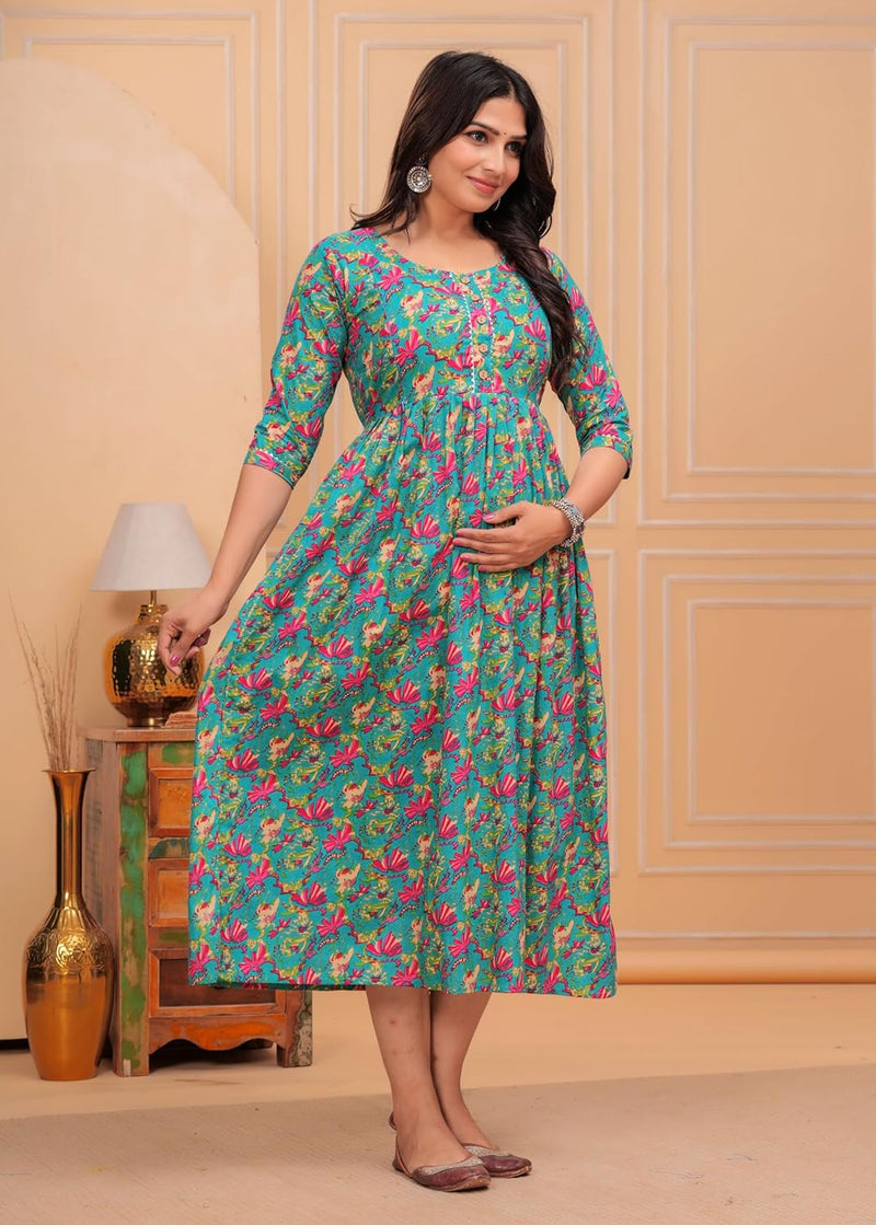 Green Blue Floral - Maternity Feeding Kurti with Zipper | Cotton Floral Printed Pregnancy & Nursing Dress | Comfortable Maternity Wear for Women | Breastfeeding Kurta Set with Zip | Stylish & Soft