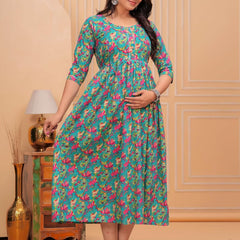 Green Blue Floral - Maternity Feeding Kurti with Zipper | Cotton Floral Printed Pregnancy & Nursing Dress | Comfortable Maternity Wear for Women | Breastfeeding Kurta Set with Zip | Stylish & Soft