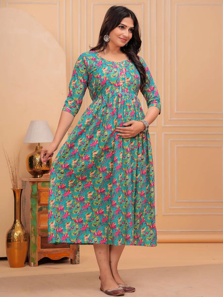 Green Blue Floral - Maternity Feeding Kurti with Zipper | Cotton Floral Printed Pregnancy & Nursing Dress | Comfortable & Stylish Maternity Wear for Women | Breastfeeding Kurta with Zipper | Soft & Elegant