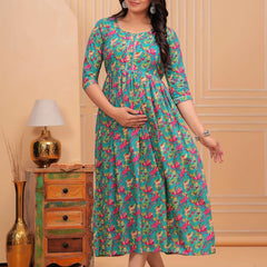 Green Blue Floral - JAIPURFAME Maternity Feeding Kurti with Zipper | Cotton Floral Printed Pregnancy & Nursing Dress | Comfortable & Stylish Maternity Wear for Women | Breastfeeding Kurta with Zipper | Soft & Elegant