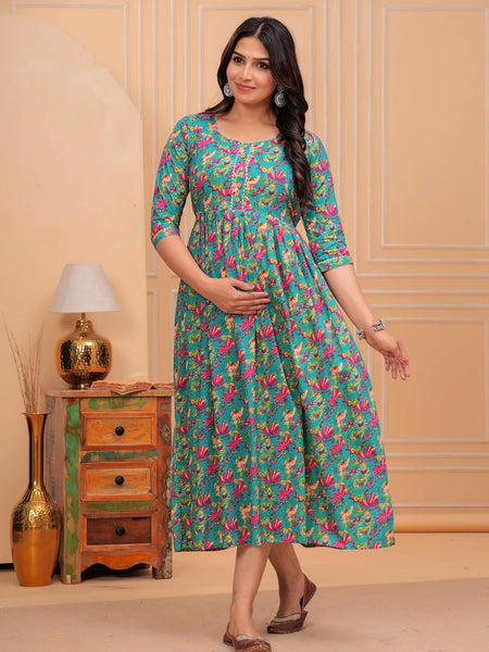 Green Blue Floral - Maternity Feeding Kurti with Zipper | Cotton Floral Printed Pregnancy & Nursing Dress | Comfortable & Stylish Maternity Wear for Women | Breastfeeding Kurta with Zipper | Soft & Elegant
