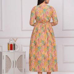 YELLOW - Women's Stylish Pure Cotton Printed Kurti Gown – Comfortable and Elegant Maternity & Feeding Dress for Women