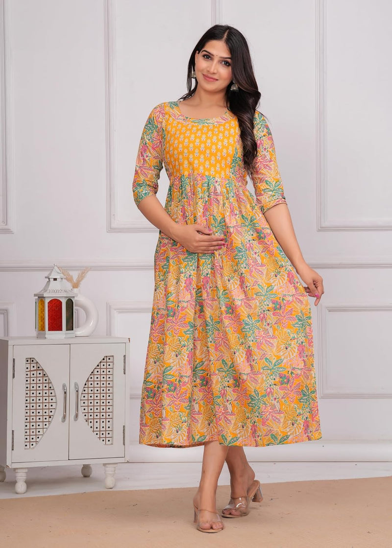 YELLOW - JAIPURFAME Women's Stylish Pure Cotton Printed Kurti Gown – Comfortable and Elegant Maternity & Feeding Dress for Women
