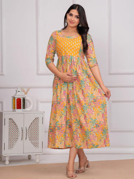YELLOW - JAIPURFAME Women's Stylish Pure Cotton Printed Kurti Gown – Comfortable and Elegant Maternity & Feeding Dress for Women