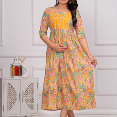 YELLOW - Women's Stylish Pure Cotton Printed Kurti Gown – Comfortable and Elegant Maternity & Feeding Dress for Women