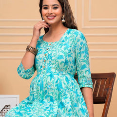 Electric Blue - Maternity Feeding Kurti with Zipper | Cotton Floral Printed Pregnancy & Nursing Dress | Comfortable Maternity Wear for Women | Breastfeeding Kurta Set with Zip | Stylish & Soft