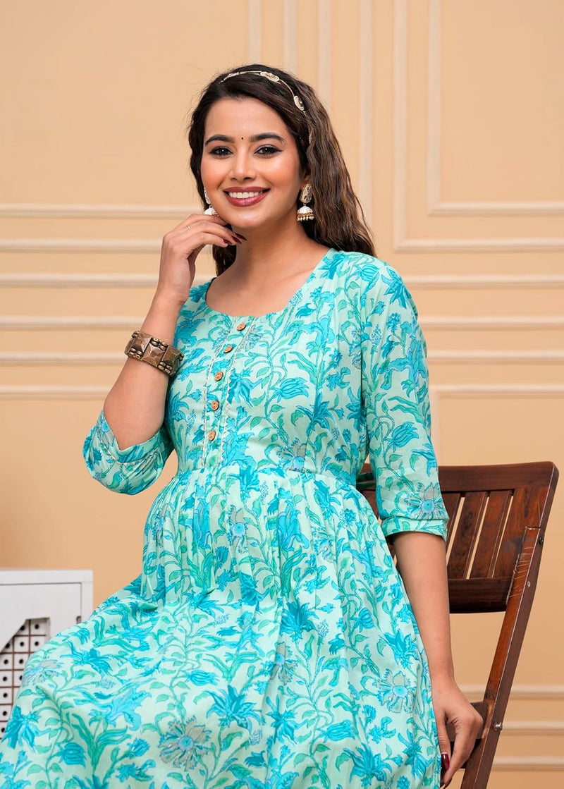 Aqua - JAIPURFAME Maternity Feeding Kurti with Zipper | Cotton Floral Printed Pregnancy & Nursing Dress | Comfortable & Stylish Maternity Wear for Women | Breastfeeding Kurta with Zipper | Soft & Elegant