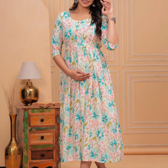 Light blue - Maternity Feeding Kurti with Zipper | Cotton Floral Printed Pregnancy & Nursing Dress | Comfortable & Stylish Maternity Wear for Women | Breastfeeding Kurta with Zipper | Soft & Elegant