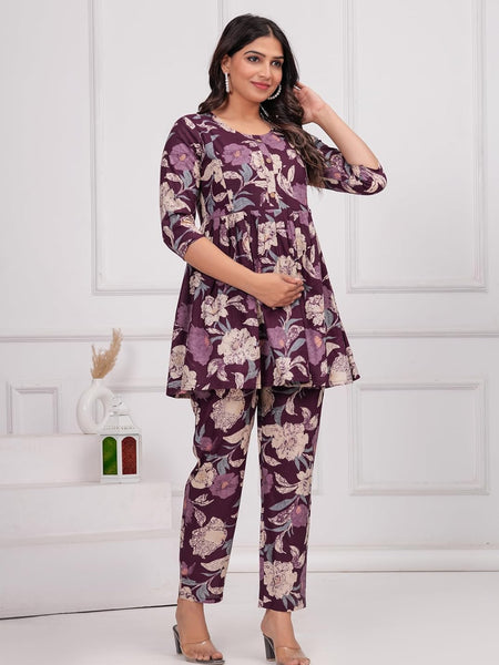 PURPLE - JAIPURFAME Women’s Floral Printed Cotton Co-Set – Comfortable & Stylish Two-Piece Outfit in Perfect for Casual Wear, Vacation, or Everyday Style