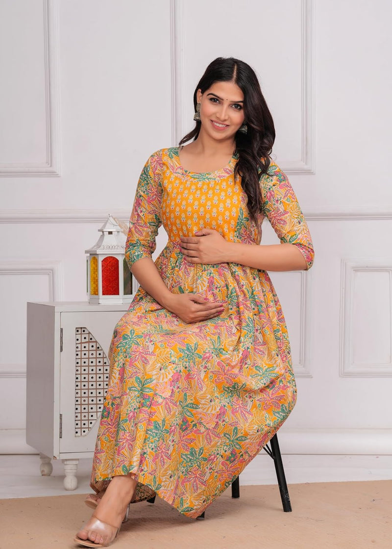 YELLOW - JAIPURFAME Women's Stylish Pure Cotton Printed Kurti Gown – Comfortable and Elegant Maternity & Feeding Dress for Women