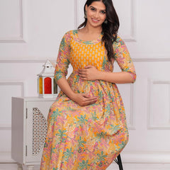 YELLOW - JAIPURFAME Women's Stylish Pure Cotton Printed Kurti Gown – Comfortable and Elegant Maternity & Feeding Dress for Women