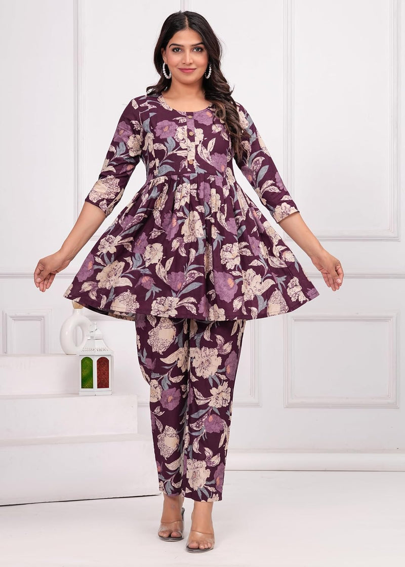 PURPLE - JAIPURFAME Women’s Floral Printed Cotton Co-Set – Comfortable & Stylish Two-Piece Outfit in Perfect for Casual Wear, Vacation, or Everyday Style