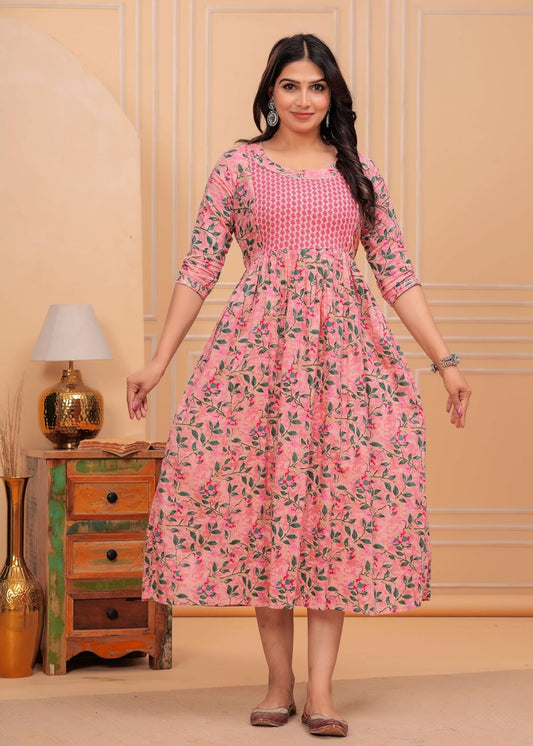 Pink Green Leaf - Maternity Feeding Kurti with Zipper | Cotton Floral Printed Pregnancy & Nursing Dress | Comfortable & Stylish Maternity Wear for Women | Breastfeeding Kurta with Zipper | Soft & Elegant