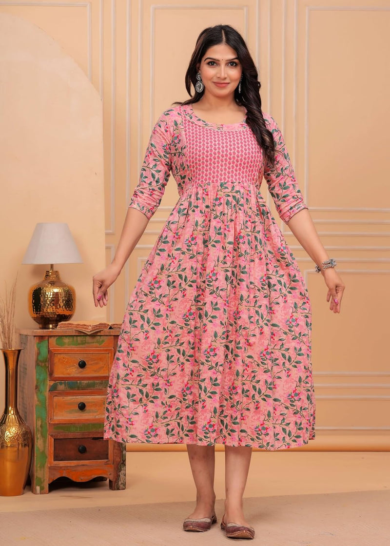 Pink Green Leaf - JAIPURFAME Maternity Feeding Kurti with Zipper | Cotton Floral Printed Pregnancy & Nursing Dress | Comfortable & Stylish Maternity Wear for Women | Breastfeeding Kurta with Zipper | Soft & Elegant