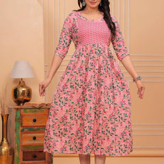 Pink Green Leaf - JAIPURFAME Maternity Feeding Kurti with Zipper | Cotton Floral Printed Pregnancy & Nursing Dress | Comfortable & Stylish Maternity Wear for Women | Breastfeeding Kurta with Zipper | Soft & Elegant