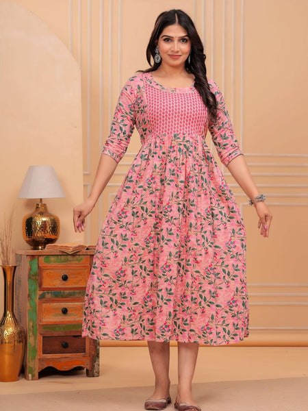 Pink Green Leaf - JAIPURFAME Maternity Feeding Kurti with Zipper | Cotton Floral Printed Pregnancy & Nursing Dress | Comfortable & Stylish Maternity Wear for Women | Breastfeeding Kurta with Zipper | Soft & Elegant