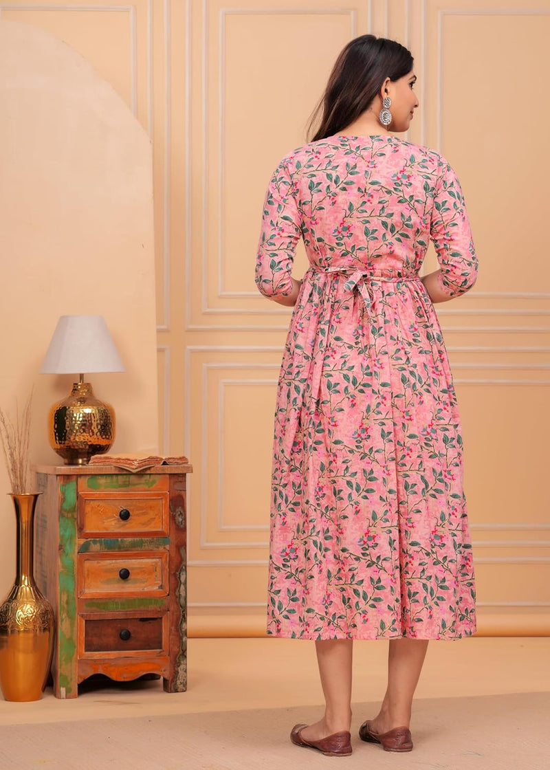 PINK - JAIPURFAME Pink Floral Cotton Maternity & Nursing Midi Dress with Front Zipper