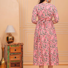 PINK - JAIPURFAME Pink Floral Cotton Maternity & Nursing Midi Dress with Front Zipper