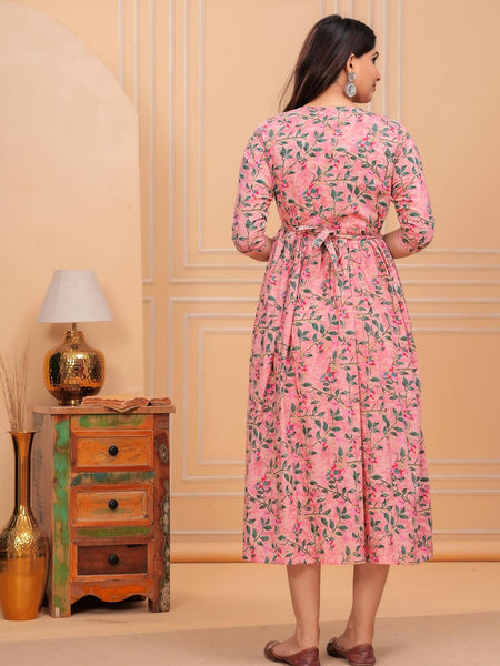 PINK - JAIPURFAME Pink Floral Cotton Maternity & Nursing Midi Dress with Front Zipper
