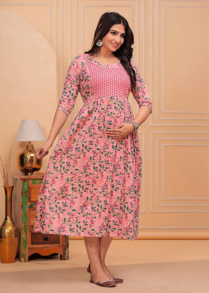 Pink Green Leaf - Maternity Feeding Kurti with Zipper | Cotton Floral Printed Pregnancy & Nursing Dress | Comfortable Maternity Wear for Women | Breastfeeding Kurta Set with Zip | Stylish & Soft