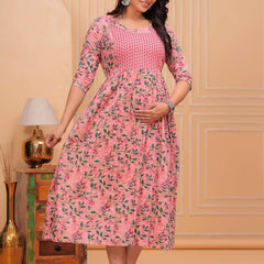 Pink Green Leaf - JAIPURFAME Maternity Feeding Kurti with Zipper | Cotton Floral Printed Pregnancy & Nursing Dress | Comfortable & Stylish Maternity Wear for Women | Breastfeeding Kurta with Zipper | Soft & Elegant