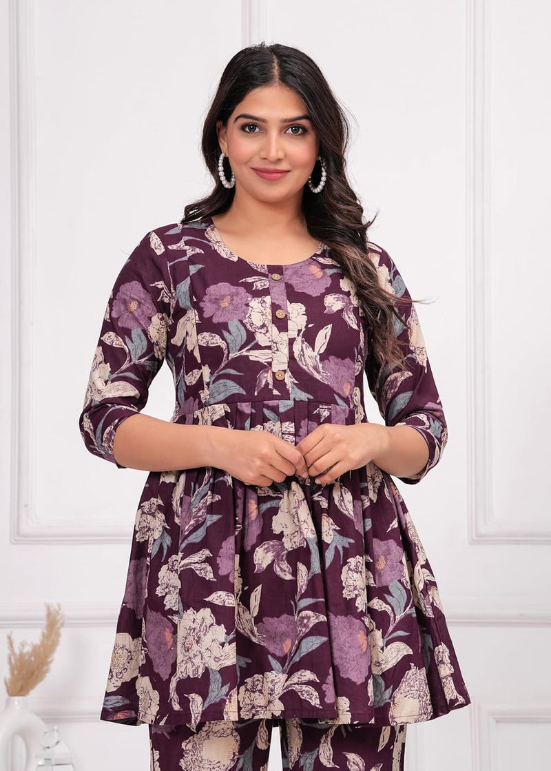 PURPLE - JAIPURFAME Women’s Floral Printed Cotton Co-Set – Comfortable & Stylish Two-Piece Outfit in Perfect for Casual Wear, Vacation, or Everyday Style