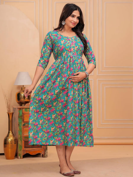 BLUE - Women's Stylish Pure Cotton Printed Kurti Gown – Comfortable and Elegant Maternity & Feeding Dress for Women