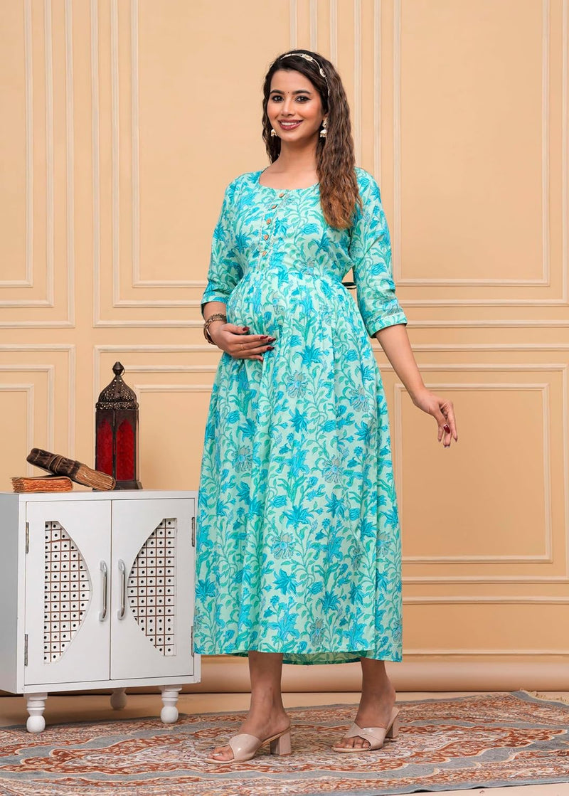 Electric Blue - Maternity Feeding Kurti with Zipper | Cotton Floral Printed Pregnancy & Nursing Dress | Comfortable Maternity Wear for Women | Breastfeeding Kurta Set with Zip | Stylish & Soft