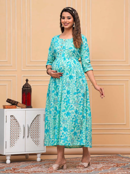 Electric Blue - Maternity Feeding Kurti with Zipper | Cotton Floral Printed Pregnancy & Nursing Dress | Comfortable Maternity Wear for Women | Breastfeeding Kurta Set with Zip | Stylish & Soft