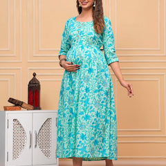 Aqua - JAIPURFAME Maternity Feeding Kurti with Zipper | Cotton Floral Printed Pregnancy & Nursing Dress | Comfortable & Stylish Maternity Wear for Women | Breastfeeding Kurta with Zipper | Soft & Elegant