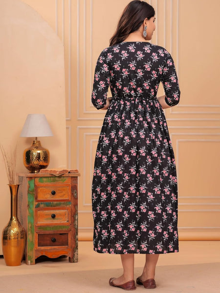Black Pink Floral - Maternity Feeding Kurti with Zipper | Cotton Floral Printed Pregnancy & Nursing Dress | Comfortable Maternity Wear for Women | Breastfeeding Kurta Set with Zip | Stylish & Soft