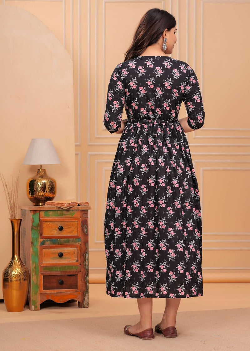 Black Pink Floral - Maternity Feeding Kurti with Zipper | Cotton Floral Printed Pregnancy & Nursing Dress | Comfortable & Stylish Maternity Wear for Women | Breastfeeding Kurta with Zipper | Soft & Elegant