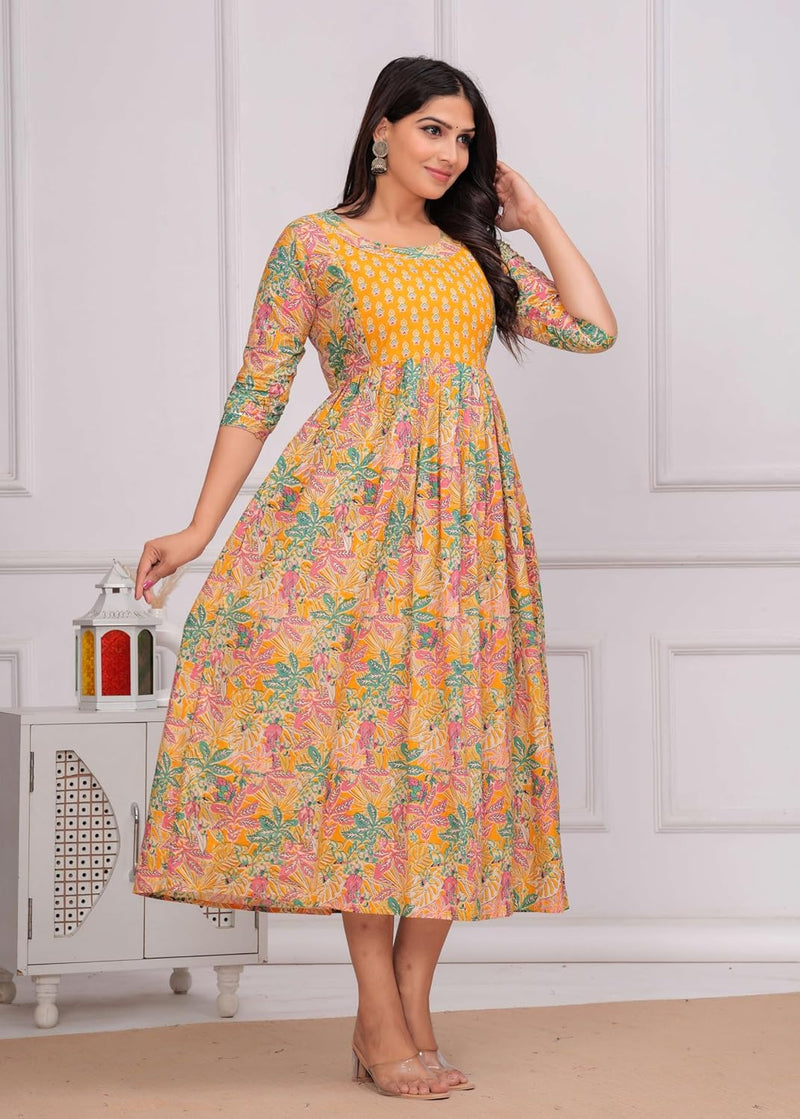 Yellow Green Floral - Maternity Feeding Kurti with Zipper | Cotton Floral Printed Pregnancy & Nursing Dress | Comfortable Maternity Wear for Women | Breastfeeding Kurta Set with Zip | Stylish & Soft