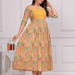 Yellow Green Floral - Maternity Feeding Kurti with Zipper | Cotton Floral Printed Pregnancy & Nursing Dress | Comfortable Maternity Wear for Women | Breastfeeding Kurta Set with Zip | Stylish & Soft