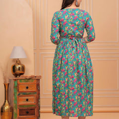 Green Blue Floral - Maternity Feeding Kurti with Zipper | Cotton Floral Printed Pregnancy & Nursing Dress | Comfortable Maternity Wear for Women | Breastfeeding Kurta Set with Zip | Stylish & Soft