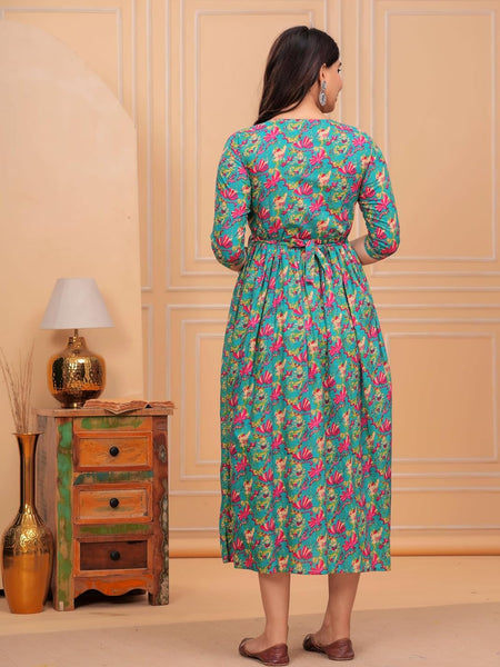 Green Blue Floral - Maternity Feeding Kurti with Zipper | Cotton Floral Printed Pregnancy & Nursing Dress | Comfortable & Stylish Maternity Wear for Women | Breastfeeding Kurta with Zipper | Soft & Elegant