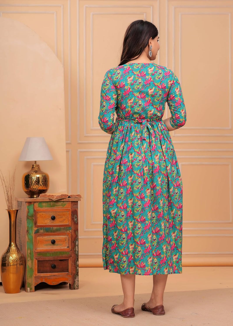 Green Blue Floral - JAIPURFAME Maternity Feeding Kurti with Zipper | Cotton Floral Printed Pregnancy & Nursing Dress | Comfortable & Stylish Maternity Wear for Women | Breastfeeding Kurta with Zipper | Soft & Elegant