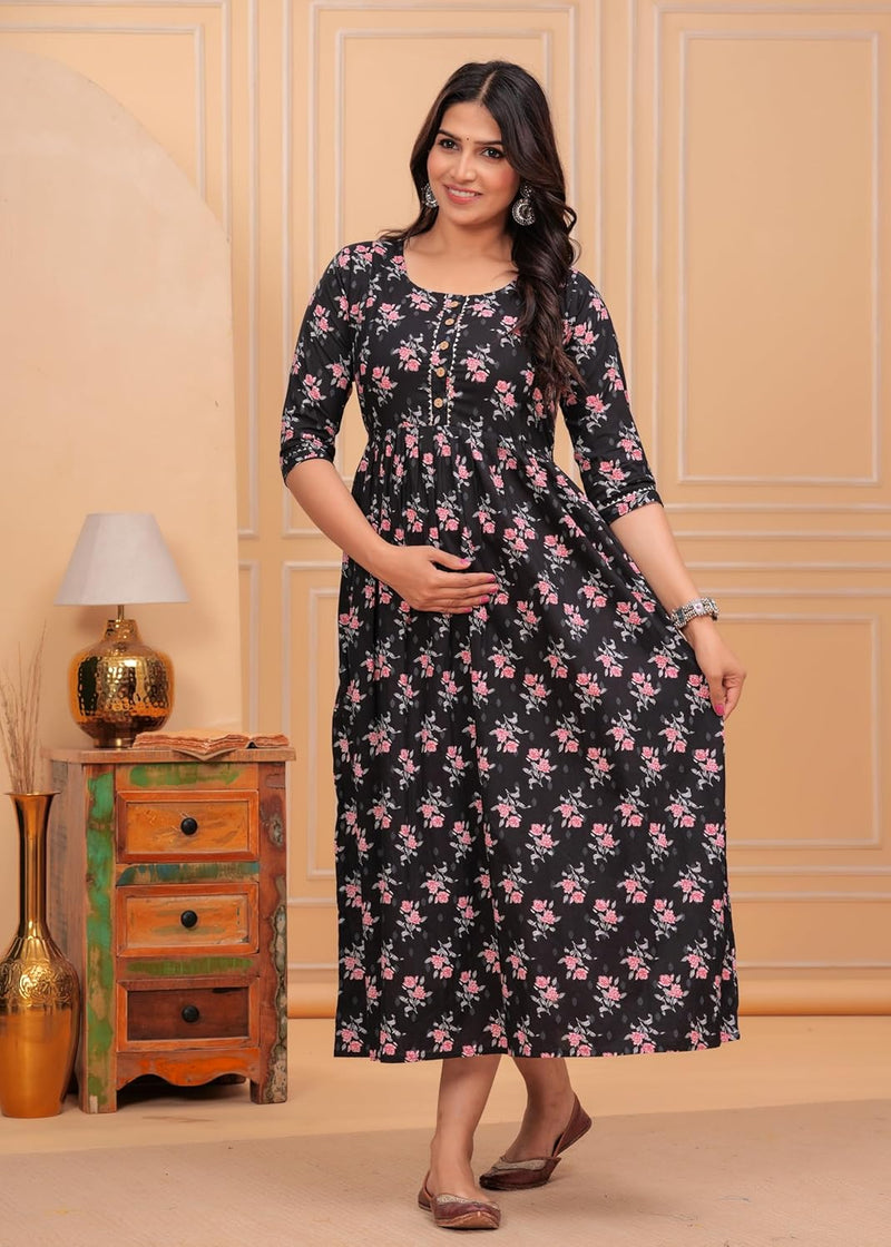 BLACK - Women's Stylish Pure Cotton Printed Kurti Gown – Comfortable and Elegant Maternity & Feeding Dress for Women