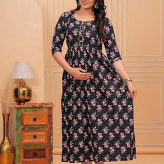 BLACK - Women's Stylish Pure Cotton Printed Kurti Gown – Comfortable and Elegant Maternity & Feeding Dress for Women