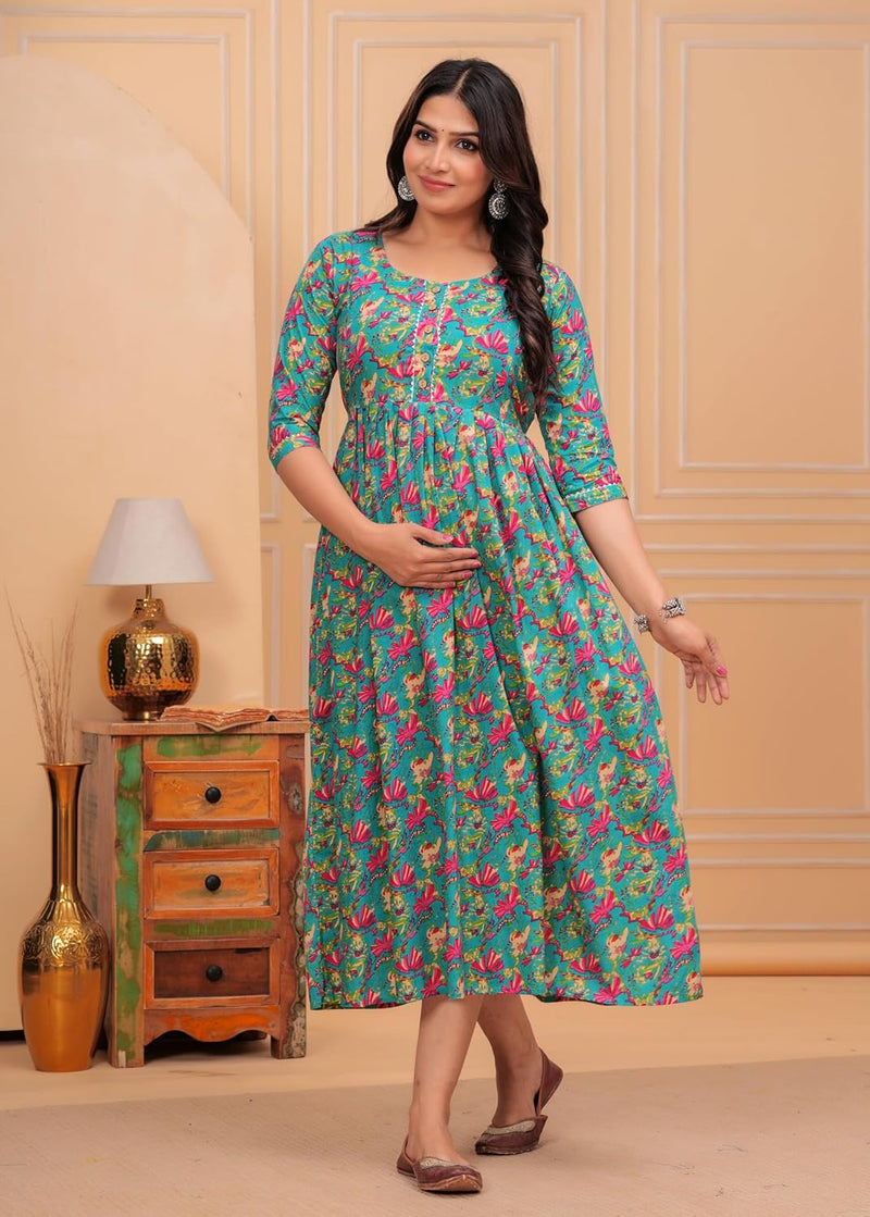 BLUE - Women's Stylish Pure Cotton Printed Kurti Gown – Comfortable and Elegant Maternity & Feeding Dress for Women