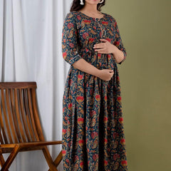 Nevy Blue - Maternity Feeding Kurti with Zipper | Cotton Floral Printed Pregnancy & Nursing Dress | Comfortable & Stylish Maternity Wear for Women | Breastfeeding Kurta with Zipper | Soft & Elegant