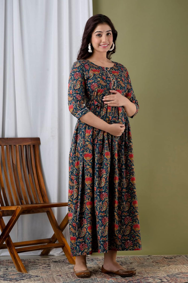 Nevy Blue - JAIPURFAME Maternity Feeding Kurti with Zipper | Floral Handblock Printed Cotton Maternity & Nursing Maxi Dress