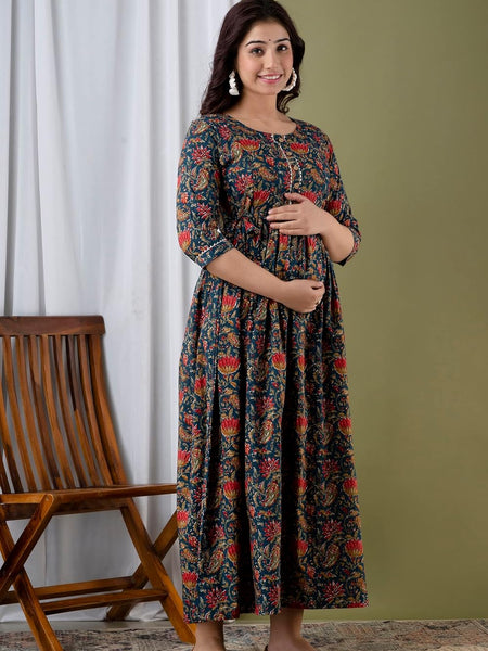 Nevy Blue - JAIPURFAME Maternity Feeding Kurti with Zipper | Floral Handblock Printed Cotton Maternity & Nursing Maxi Dress