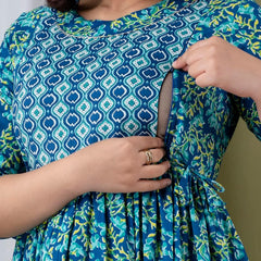 Water Blue - JAIPURFAME Maternity Feeding Kurti with Zipper | Cotton Floral Printed Pregnancy & Nursing Dress | Comfortable & Stylish Maternity Wear for Women | Breastfeeding Kurta with Zipper | Soft & Elegant