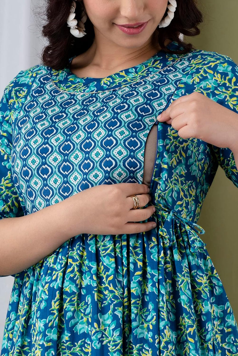 Water Blue - Maternity Feeding Kurti with Zipper | Cotton Floral Printed Pregnancy & Nursing Dress | Comfortable & Stylish Maternity Wear for Women | Breastfeeding Kurta with Zipper | Soft & Elegant