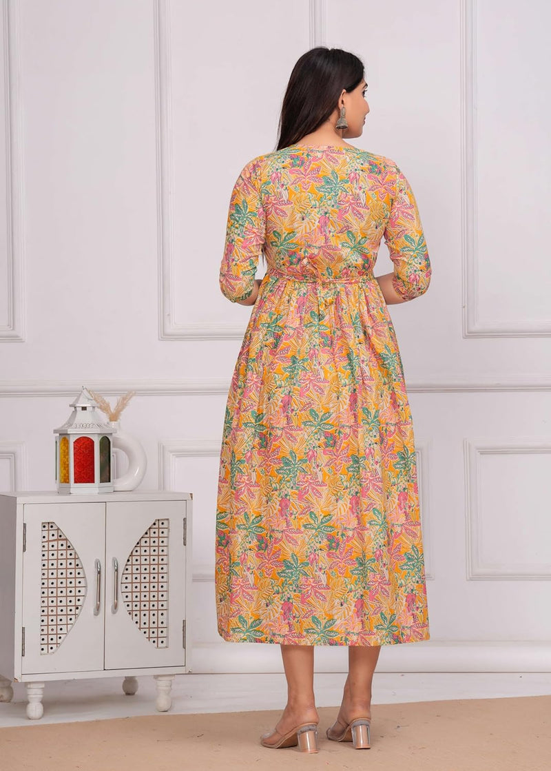 Yellow Green Floral - Maternity Feeding Kurti with Zipper | Cotton Floral Printed Pregnancy & Nursing Dress | Comfortable Maternity Wear for Women | Breastfeeding Kurta Set with Zip | Stylish & Soft