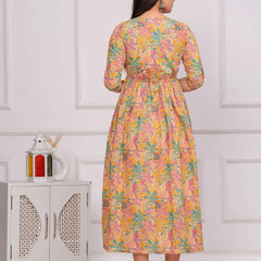 Yellow Green Floral - Maternity Feeding Kurti with Zipper | Cotton Floral Printed Pregnancy & Nursing Dress | Comfortable & Stylish Maternity Wear for Women | Breastfeeding Kurta with Zipper | Soft & Elegant