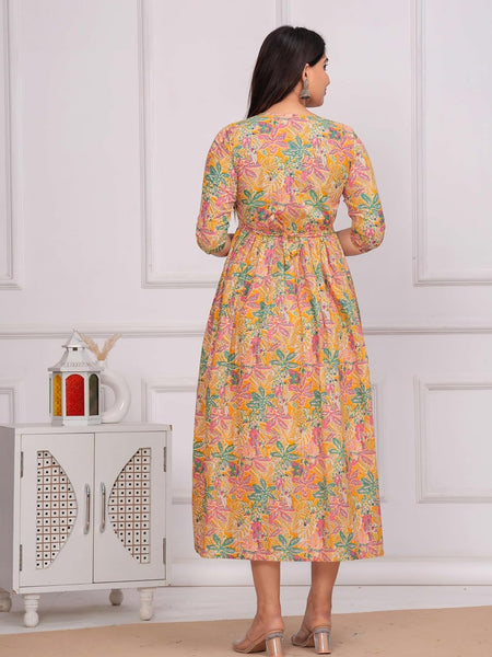 Yellow Green Floral - Maternity Feeding Kurti with Zipper | Cotton Floral Printed Pregnancy & Nursing Dress | Comfortable & Stylish Maternity Wear for Women | Breastfeeding Kurta with Zipper | Soft & Elegant